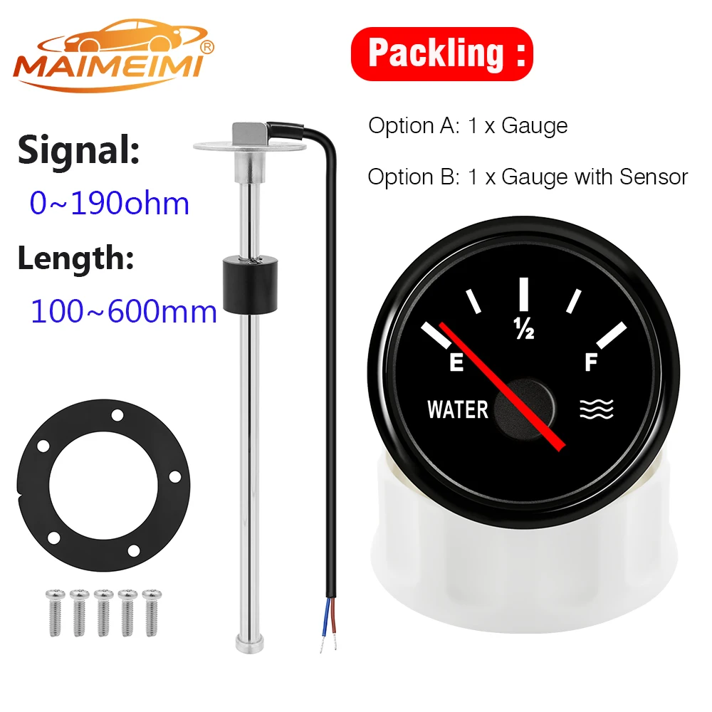 100-600mm Stainless Steel Water Level Sensor 0-190Ω with Red Backlight 2in Water Level Meter Tank Indicator for Car Boat 12V 24V