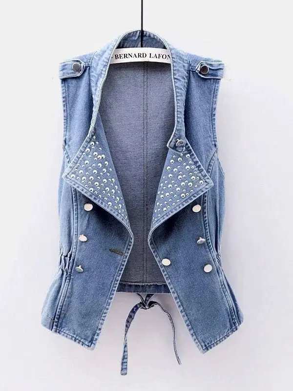 Stylish Fashionable Embellished Double Row Button Denim Vest Women's Versatile Slim Fit Sleeveless Stand Collar Shoulder Pad ...
