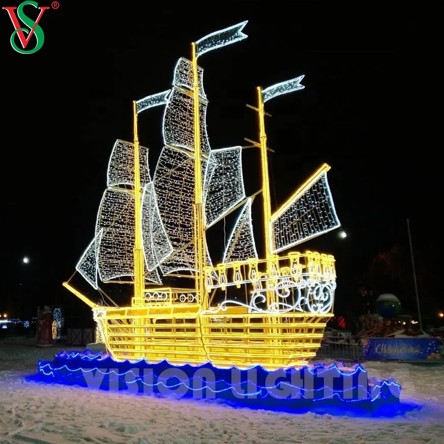 3D Barco Escultura LED Navio Luzes Motif para o Natal, Rua Comercial ao ar livre Decoração, IP65