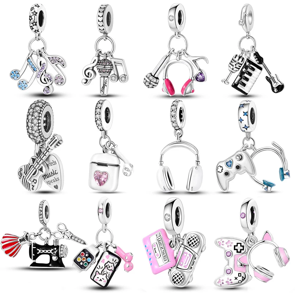 Silver Plated Oiginal Design Color Music Guitar Microphone Dangle Charm Fit Bangle Bracelet Bead Women DIY Jewelry Making
