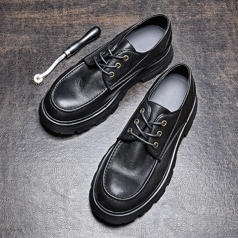 New Genuine Leather Fashion Dress Lace Up Business Casual Leather Shoes Men Thick Sole High End Derby Office Party Formal Luxury