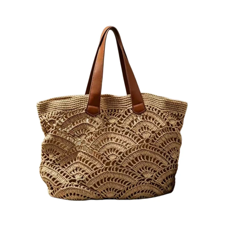 Paper Rope Woven Beach Bag Leisure Style Knitting Wave Pattern Tote Bag Seaside Vacation Hollow Out Handbag Travel Straw Bag