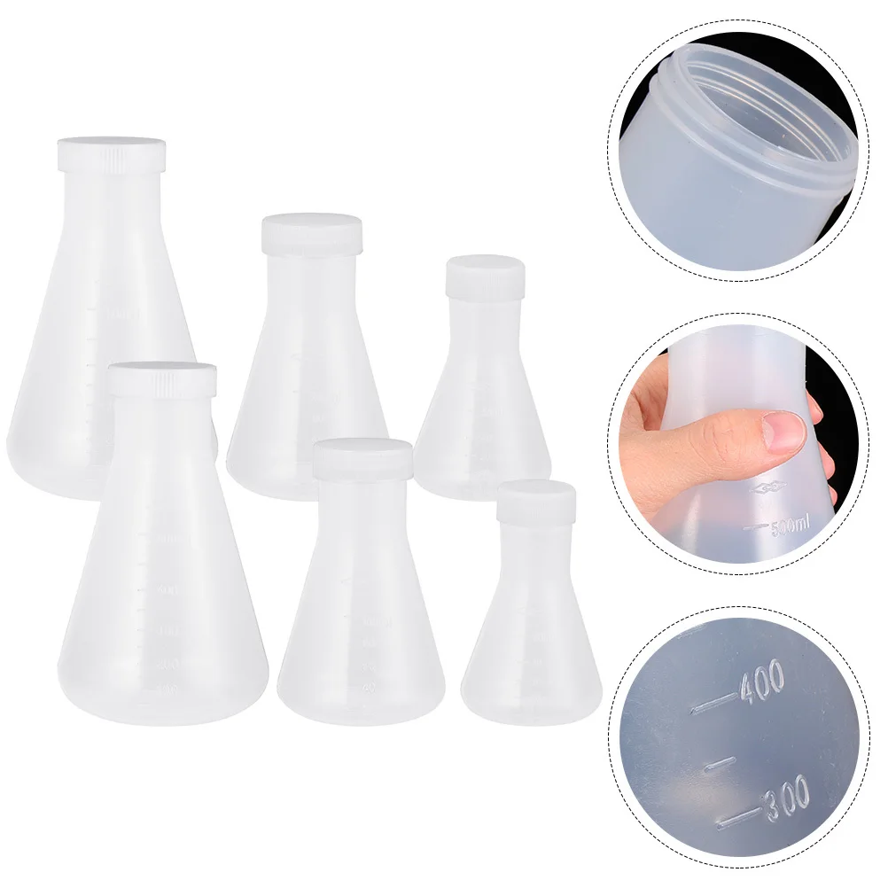 

6Pcs Plastic Laboratory Flask Conical Thickened Flat Bottom Science Experiment Students Chemistry Accurate Scale