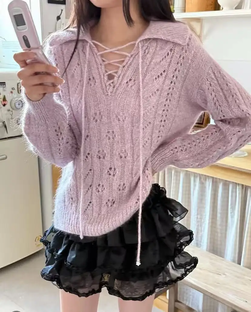 Lazy style hollowed out knitted sweater with loose temperament, versatile top, fashionable long sleeved heavy summer ladies