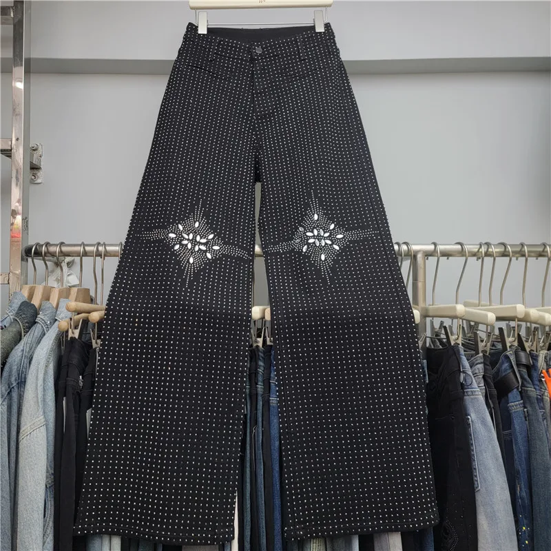 

Women Pants Jeans Denim Trousers Rhinestones Full Lenth High Waist Zipper Wide Leg Pant Loose Y2k Streetwear Casual 2025 Autumn