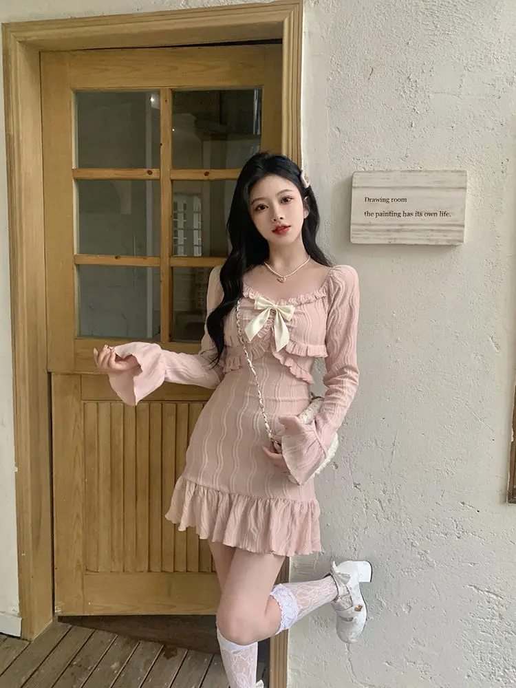 Dress A-Line Square Collar Bow Flare Sleeve Pink Sweet Elegant Fashion Slim Prom Gown High Street One-Piece Frocks Short Skirt