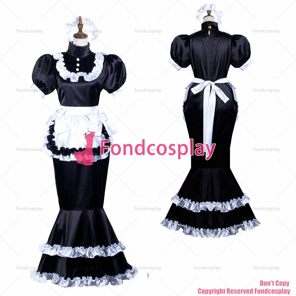 

fondcosplay adult sexy cross dressing sissy maid black satin dress lockable Uniform white apron Fish tail CD/TV[G3721]