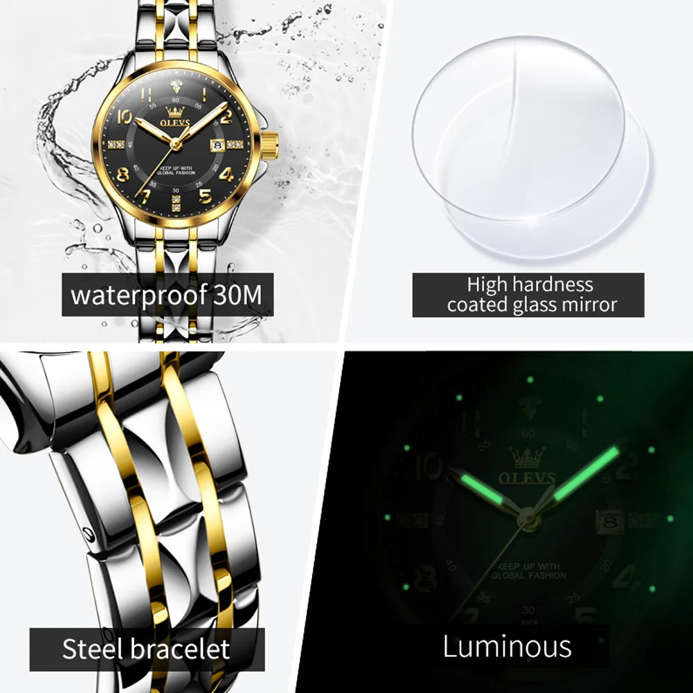 OLEVS 2910 Womens Watch Quartz Wristwatch Arabic Numerals Waterproof Luminous Date Ladies Watch Bracelet Set Gifts Original