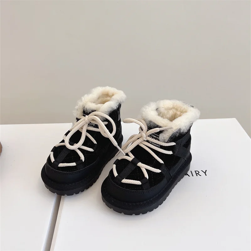 2023 New Winter Children Snow Leather Boots  Warm Plush Toddler Boys Shoes Non-slip Fashion Baby Girls Boots