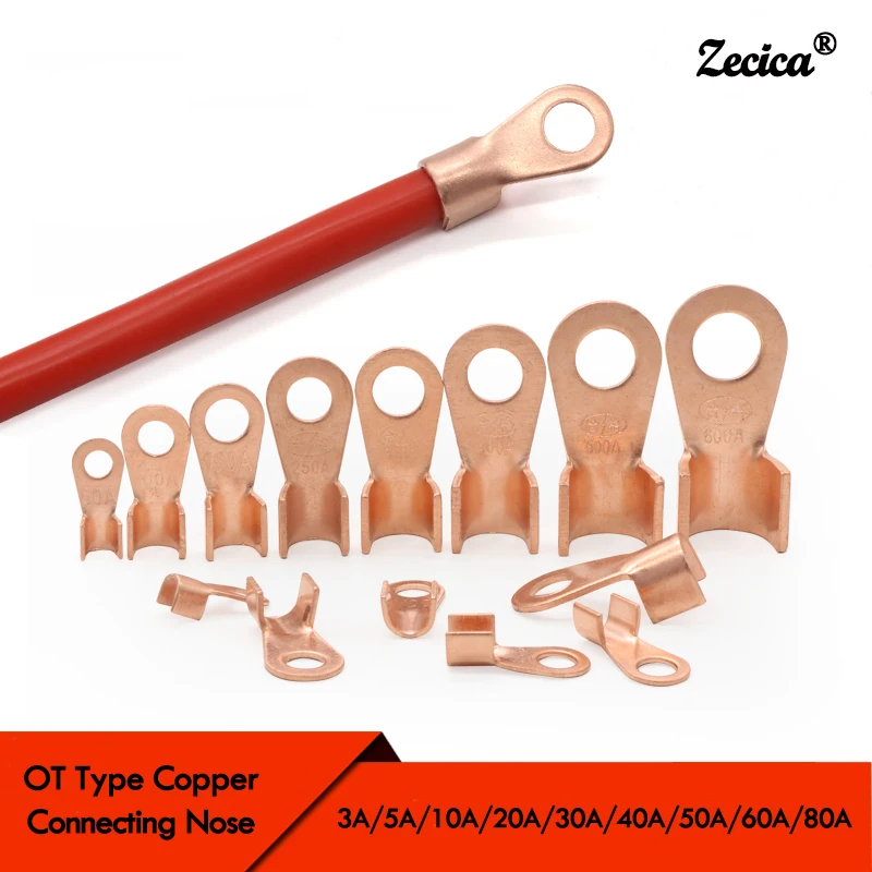 

Wire Terminal OT Type 3A 5A 10A 20A 30A 40A 50A 60A 80A Red Copper Bare Nose Lugs Crimp Open Mouth Cable Connector Splice