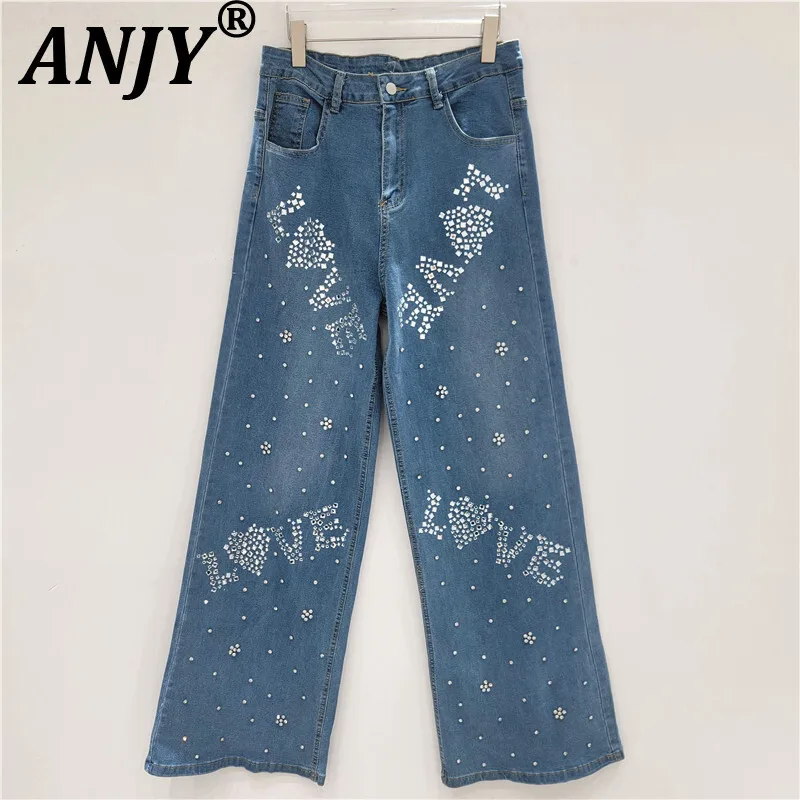 

ANJY Autumn New Women Trendy Jeans Studded Shiny Diamonds Letter Beaded Straight Casual Versatile Elegant Y2K Denim Pants A10273