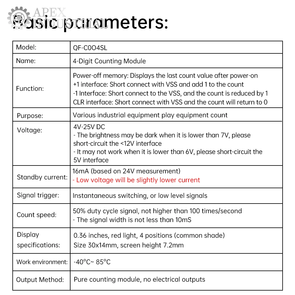 QF-C04SL 0-9999 Electronic Digital Counter Module DC4-25V 0.36 inch LED Digital Display With Power Cut Memory Function