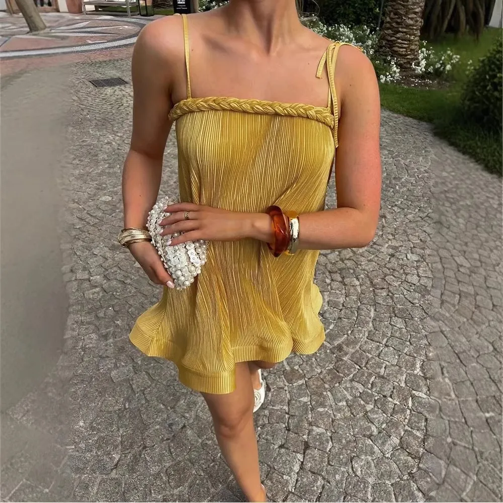 

2026 Solid Color Sleeveless Camisole Dress Dresses For Lady Spaghetti Strap Women's Clothing Sexy Mahua Off Shoulder Solid Color