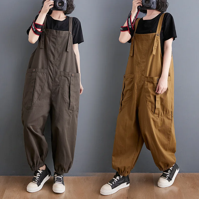 Casual Corduroy Overalls For women With Large pockets Wide legs One-piece retro Lantern Pants Casual Student Trousers
