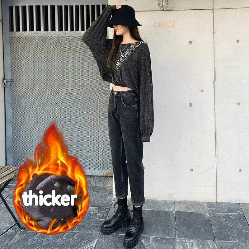 Jeans Women Denim 2XL Thickening All-match Popular Trendy Design High Waist Bleached Vintage Pockets Full Length Straight Loose