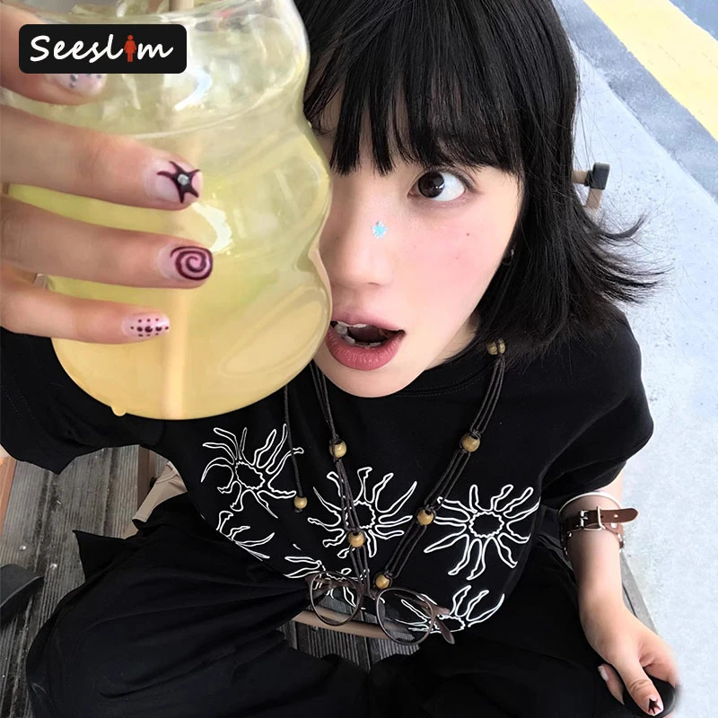 

Seeslim Streetwear Black Graphic T Shirts Short Sleeve Cotton Tees Female Clothing 2000s Clothes Y2k Loose Korean Fashion Summer