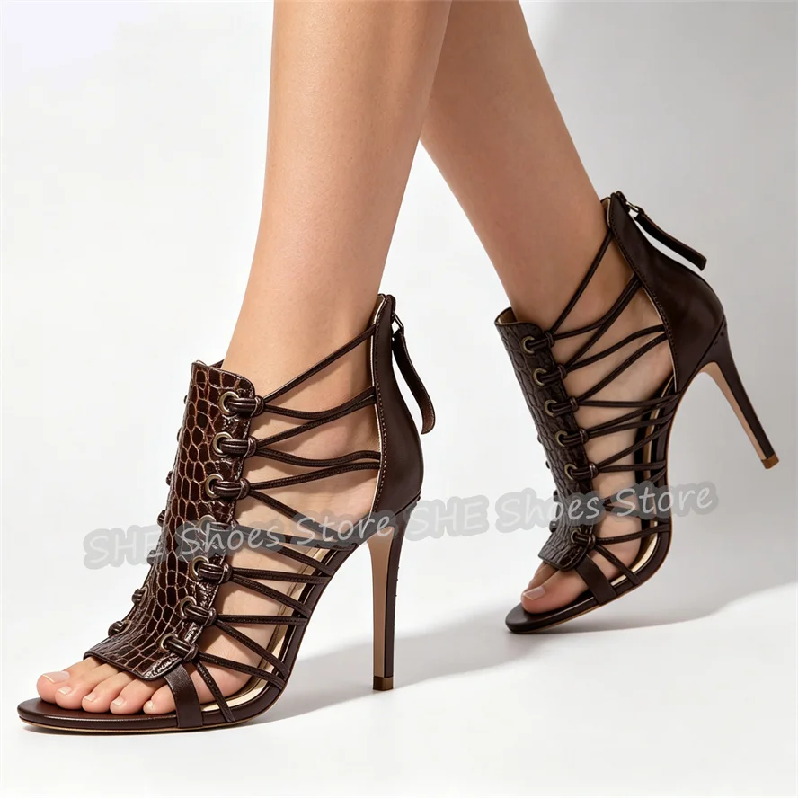 

Summer Peep Toe Crocodile Embossed High Heel Pumps Women Back Zipper Stiletto Gladiator Sandals Sexy Strappy Party Dress Shoes