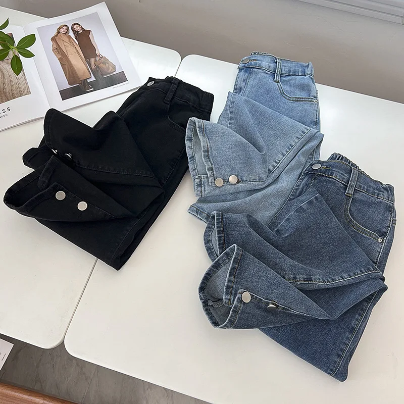 Drainpipe Jeans for Women, High Waist, Button Leg Opening, Slim Denim, Ankle-Length Straight Pants, Black, Plus Size, Boyfriend