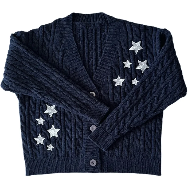 

Dark Blue Midnights Star Embroidery Knitted Cardigan Winter Y2k Casual Thick Long Sleeved Single Breasted Women Sweater 001