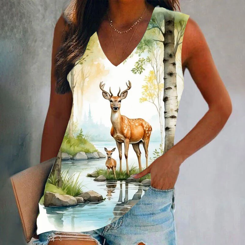 Animal Bird Swan Ink Painting 3D Print Tank Tops Women Streetwear Oversized V-Neck Vest Off Shoulder Sleeveless Woman Camisole