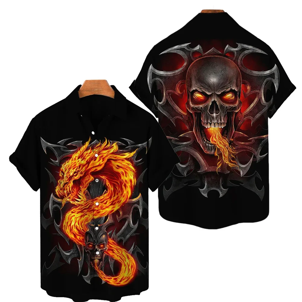 2026  Casual Short Sleeve Shirt Summer 3D Ghost Print Shirt Beach Button Short Sleeve T Shirt Breathable Lapel Streetwear