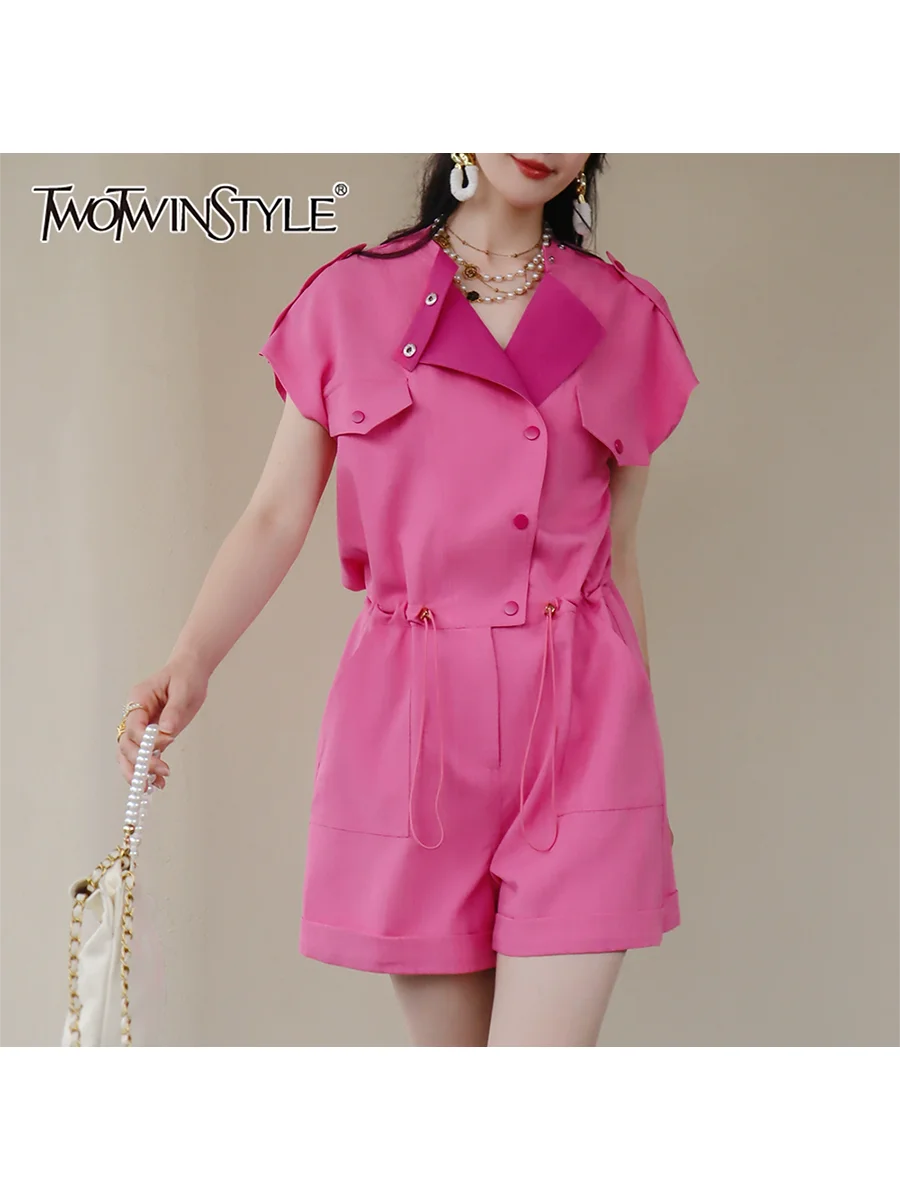 TWOTWINSTYLE Dimagrante Impiombato Anap Button Moda Pagliaccetti per Le Donne Girocollo Senza Maniche Patchwork Coulisse Pagliaccetto Femminile Nuovo
