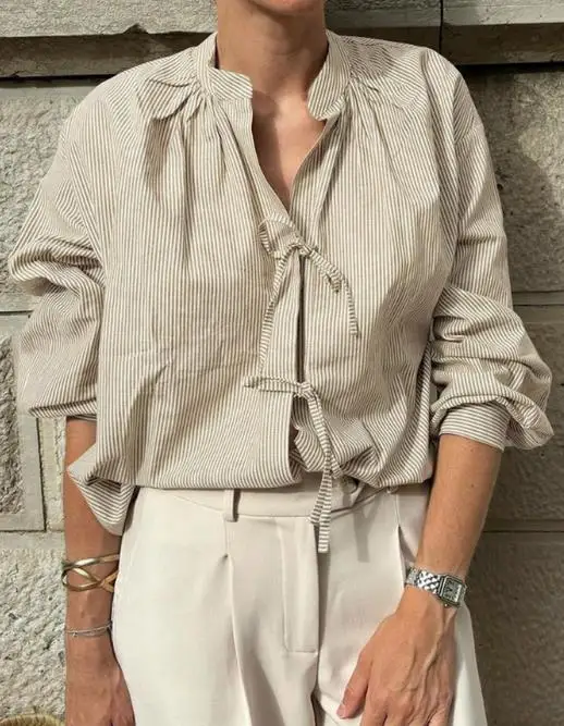 

Autumn New Striped Print V-Neck Casual Vacation Style Lazy Long Sleeved Shirt for Women's Casual Simple Loose Lace Up Shirt