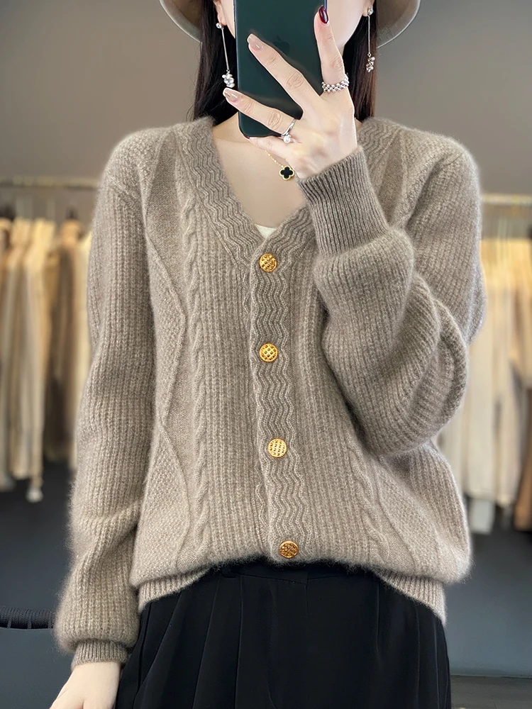 

YoYoselect Autumn Winter Women 100% Merino Wool Sweater V-Neck Cashmere Cardigan Buttoned Warm Knitwear High Quality Korean Top