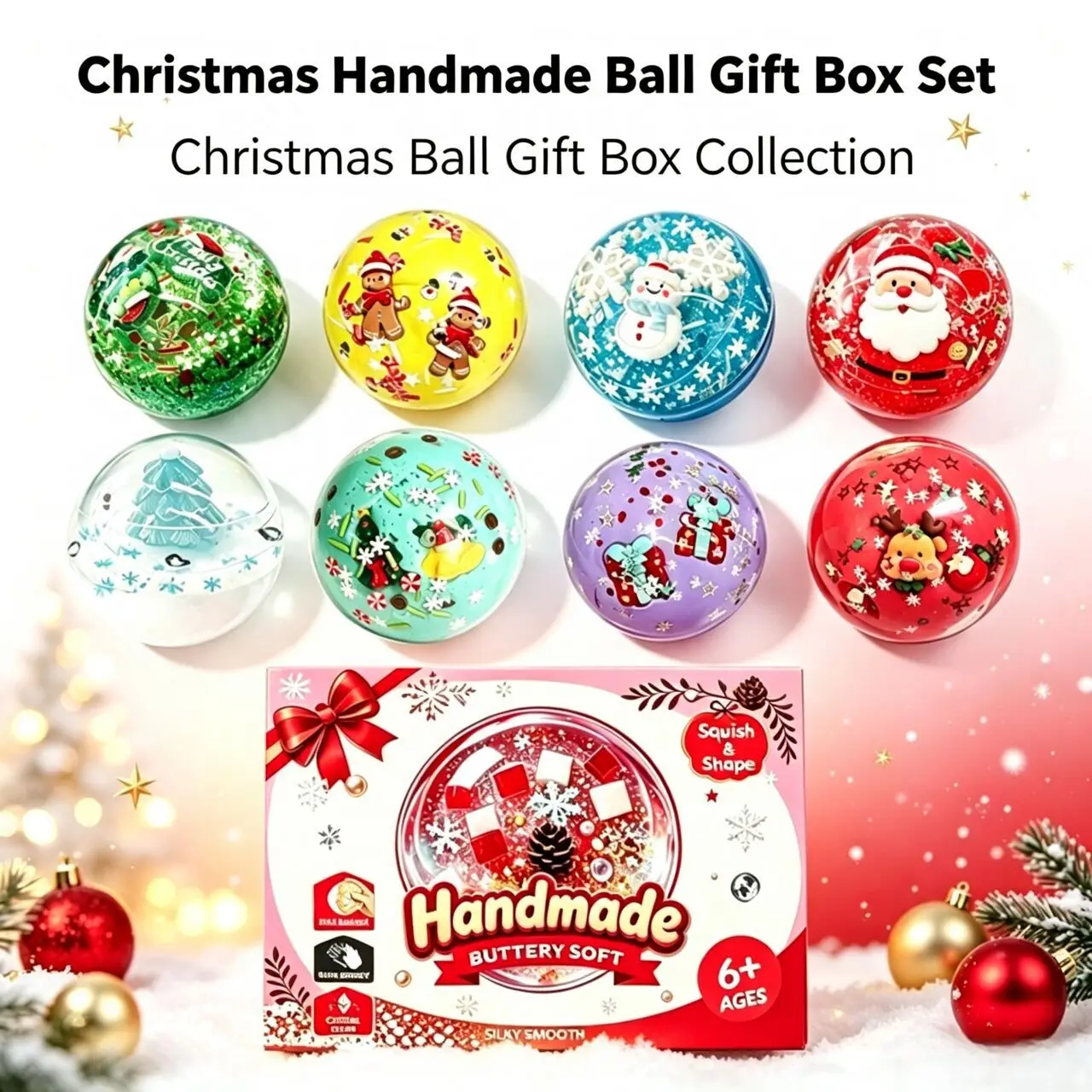 Handmade 8PCS Set Christmas Squishy Ball Stress Relief Toy Snowman Santa Snowflake Squeeze Toy Holiday Gift for Kids And Adults