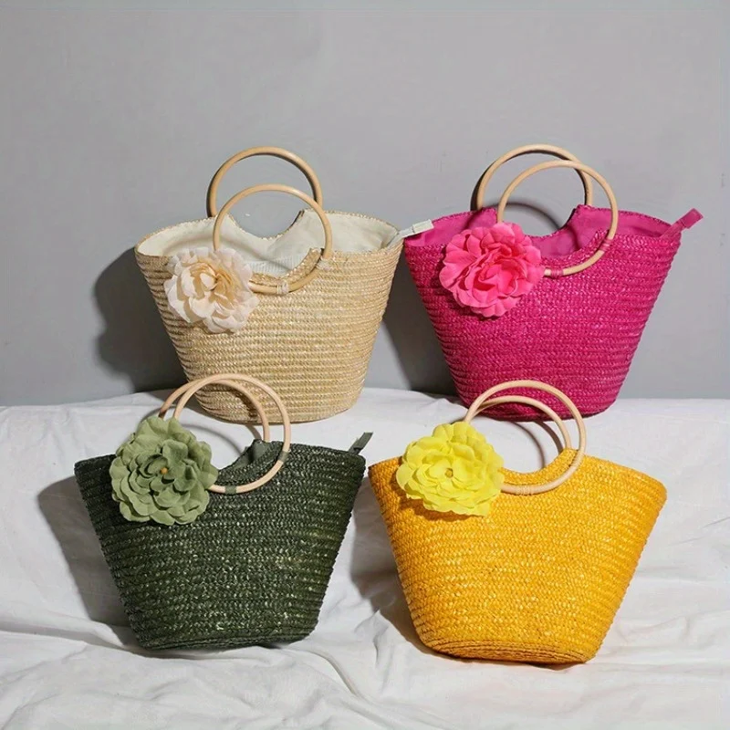 

Summer Handmade Bags for Women Beach Weaving Ladies Straw Bag Wrapped Beach Bag Moon shaped Top Handle Handbags Totes