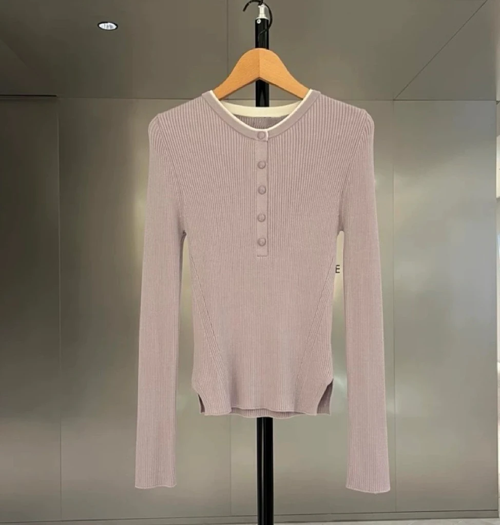 

Эластичный цветной вязаный лонгслив с круглым вырезом и полосками, женский модный топ для повседневной носки