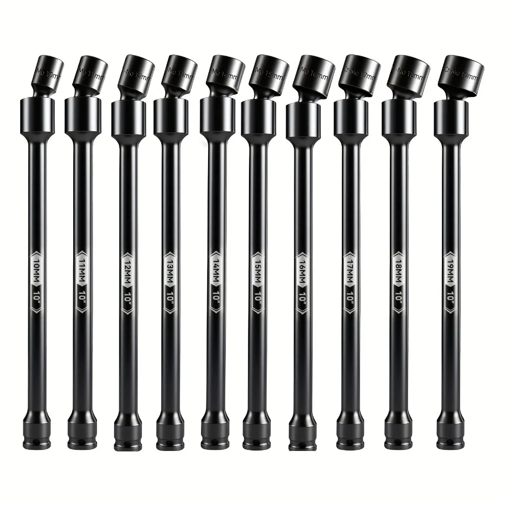 

10pcs 3/8" Drive Pinless Universal Impact Extension Socket Set, 10-Inch, Metric(10-19mm) Swivel Socket Set, 6 Point, CR-MO