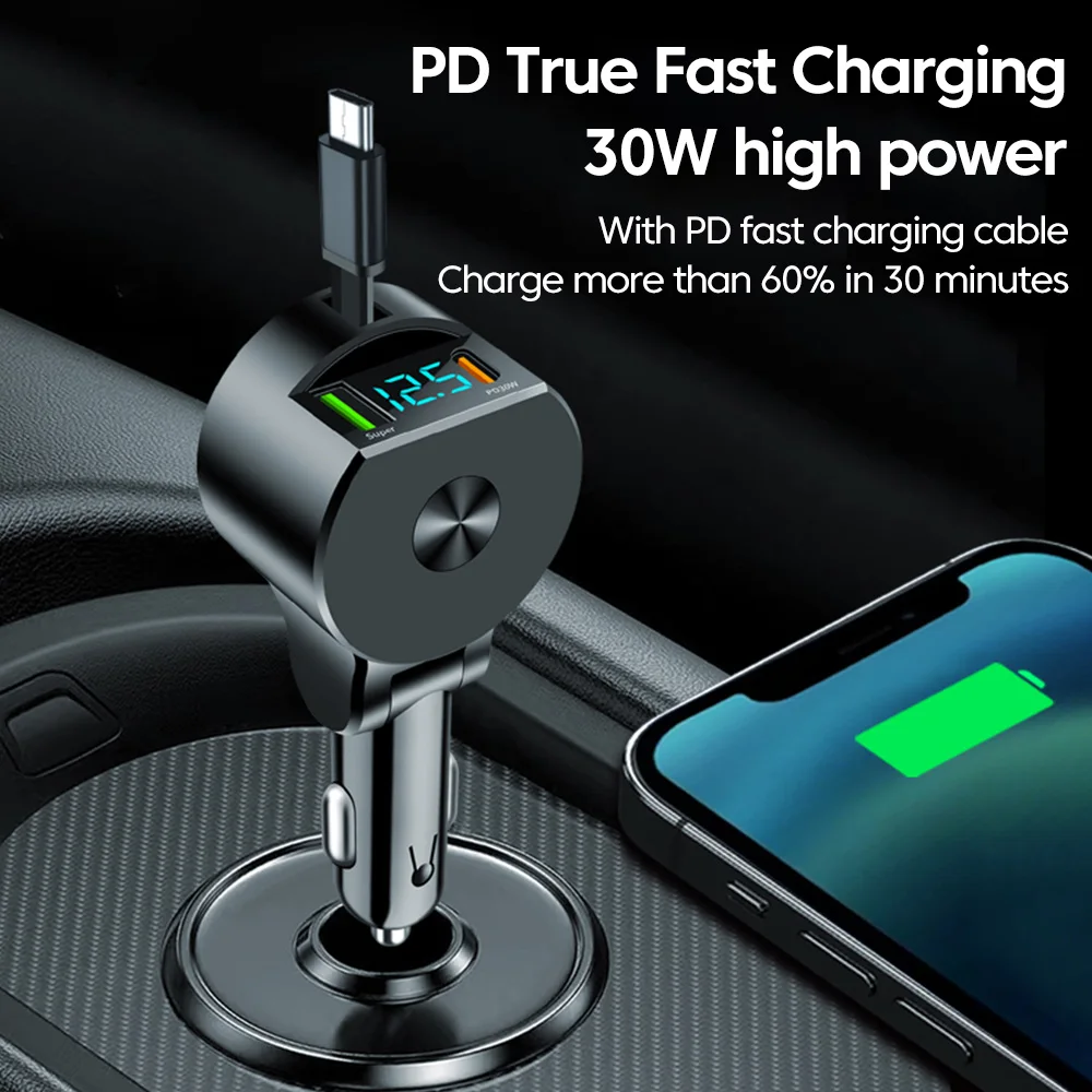 120W Scalable Car Charger Fast Charging PD QC3.0 Digital Display Retractable Cable USB Type C Car Lighter Charger Adapter