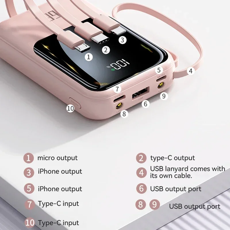 20000mah portable mini power bank PD20W fast charging built-in 4-wire large capacity suitable for iPhone Samsung Huawei Xiaomi