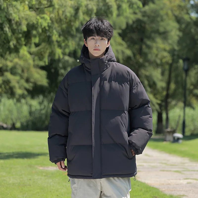 Jaket Puffer Musim Dingin Baru 2025 Unisex Berkerudung Tebal Anti Angin Warna Solid Serbaguna Parka Hangat