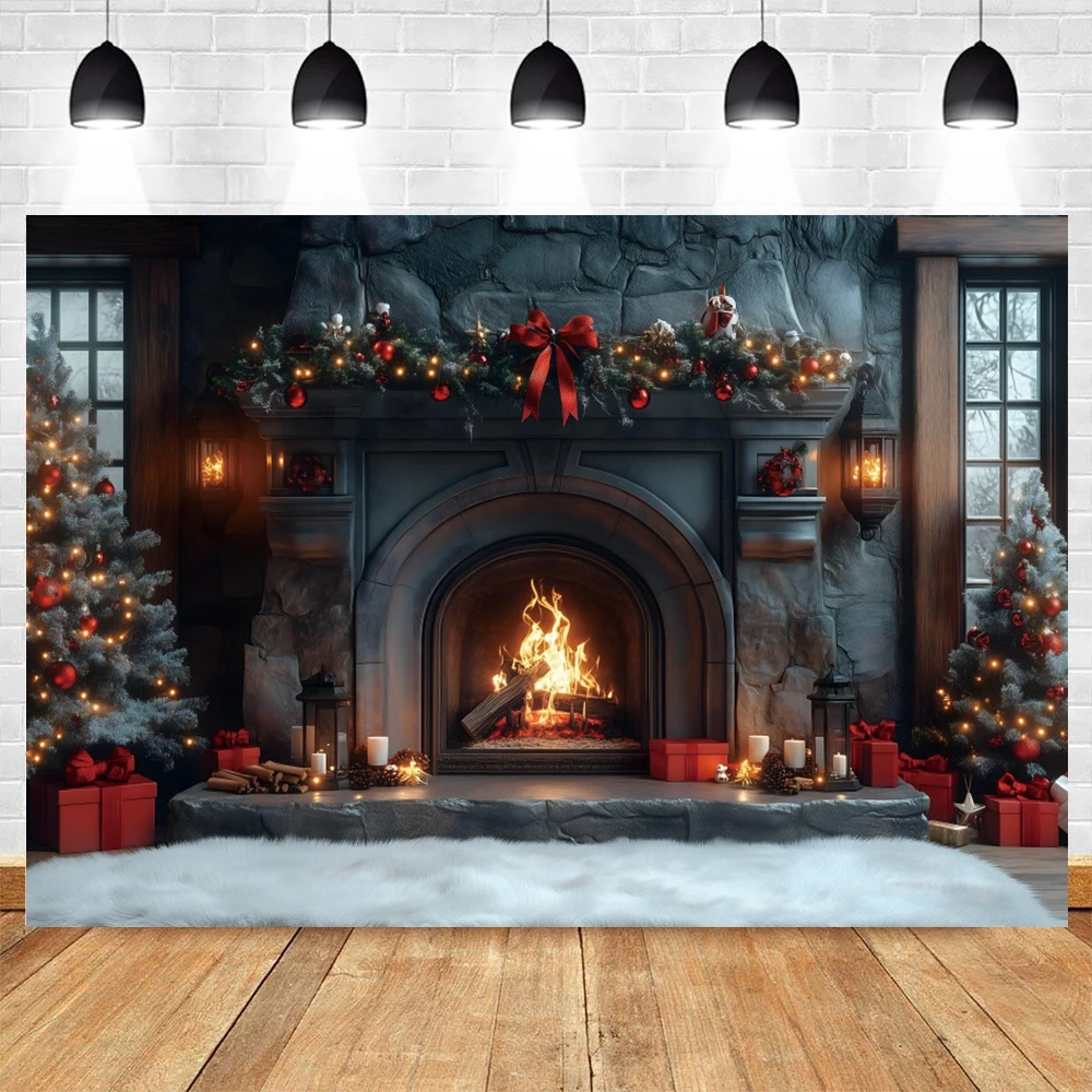 

Retro Europe Wall Fireplace Backdrops Photography for Christmas Trees Wreath Gift Socks Kids Family Party Decor Photo Background