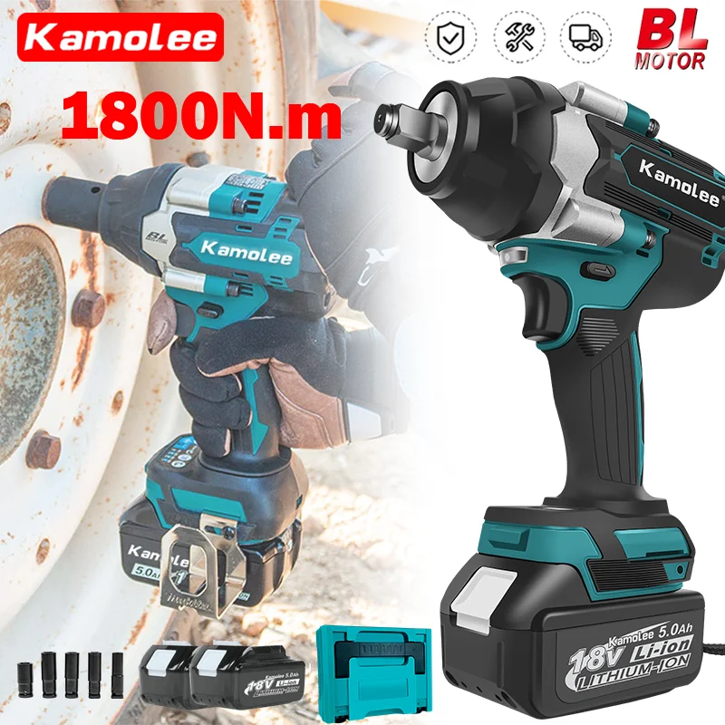 Kamolee 1800 N.M High Torque DTW700 Brushless Electric Impact Wrench 1/2 In Lithium-Ion Battery For Makita 18V Battery