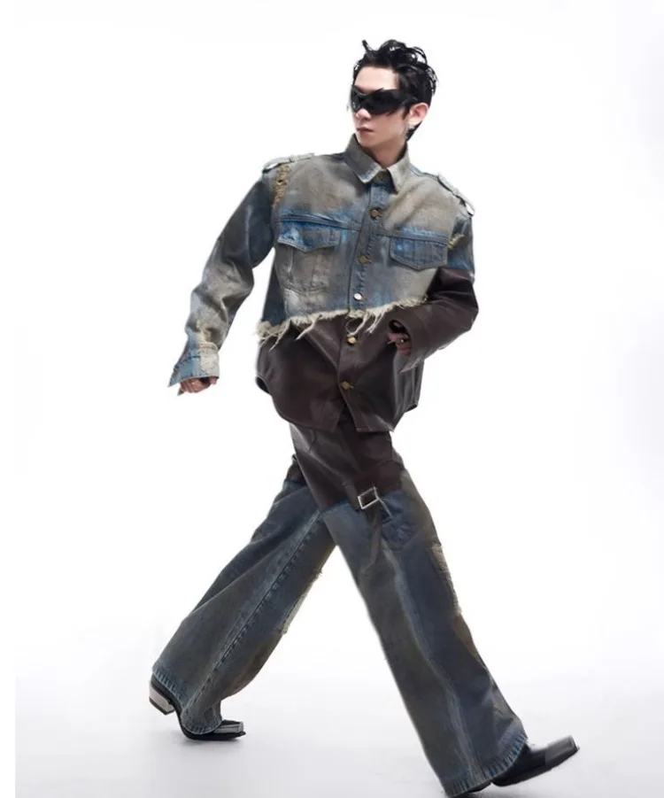 Pantalones desgastados Retro para mujer, traje de vaquero de otoño, pantalones vaqueros, ropa de calle Unisex, chaqueta vaquera de retales Vintage para mujer