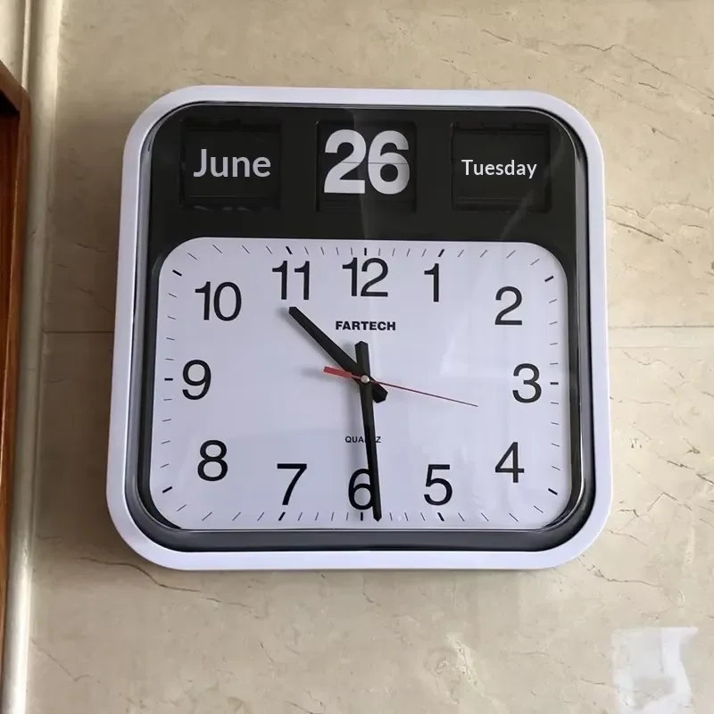Creative 43cm Square Wall Clock Chinese Style Plastic Office FITP Dial Automatic Flip Home Decor No Year Display Modern Art