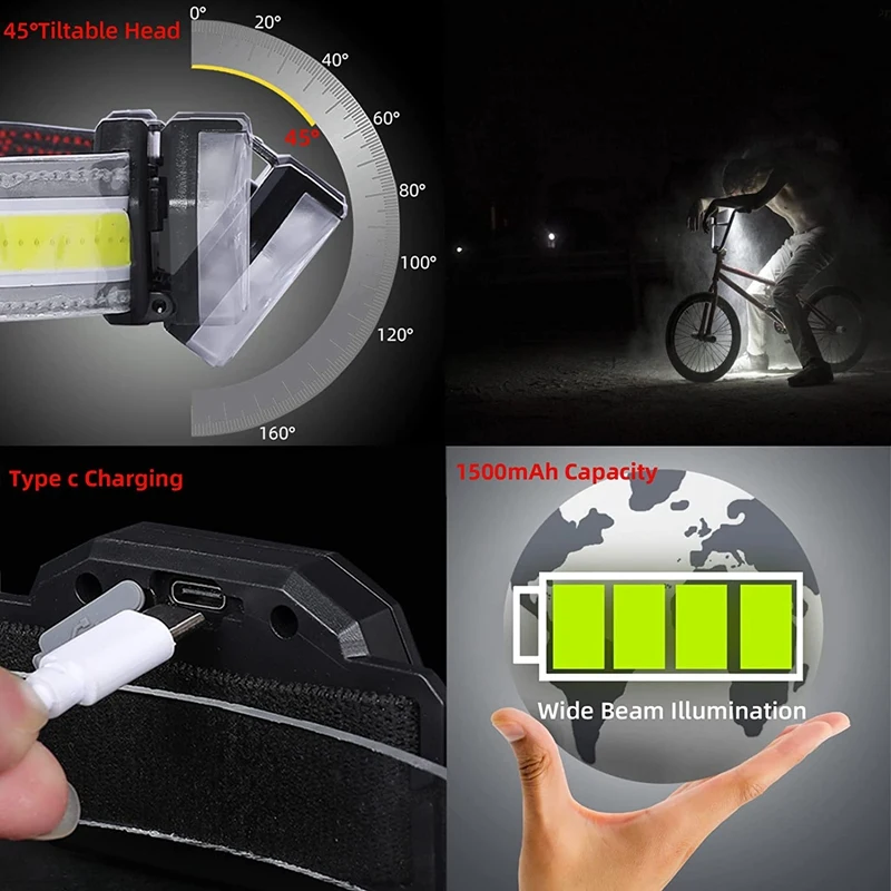 مصباح أمامي ذو شعاع عريض قابل لإعادة الشحن ليد ، مصباح مقاوم للماء ، مصباح عمل ، جري ، تخييم ، مشي لمسافات طويلة ، صيد ، تعديل °