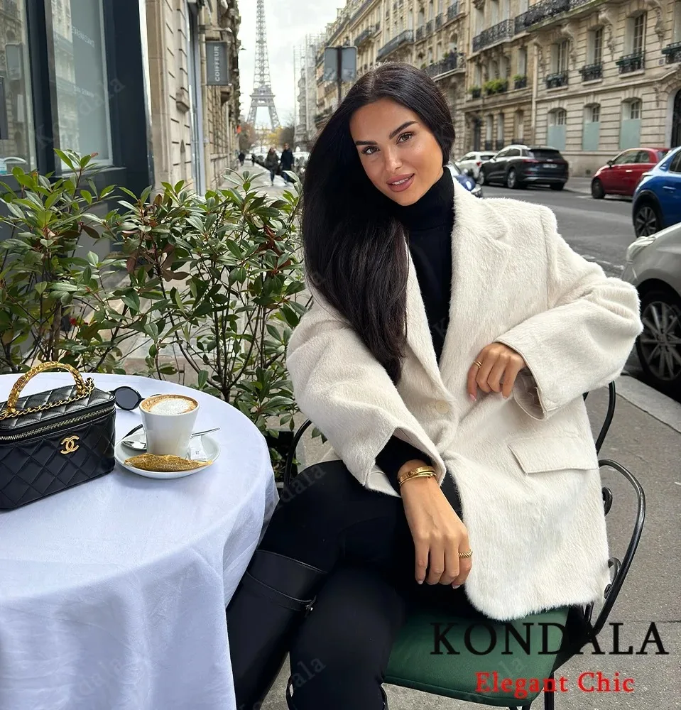 KONDALA レディース エレガント ファー風 ソフトブレザー ラペル フェイクファー ポケット付き 裏地付きブレザー 新作 2025 春秋冬 ファッション オフィスブレザー