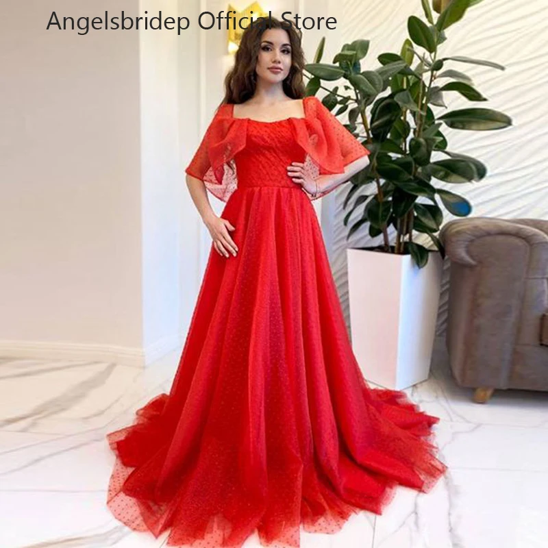 

Angelsbridep Dotted Tulle Evening Dress Square Neck Red Prom Gowns Floor Length Half Sleeves Gowns Vestido De Noche For Women