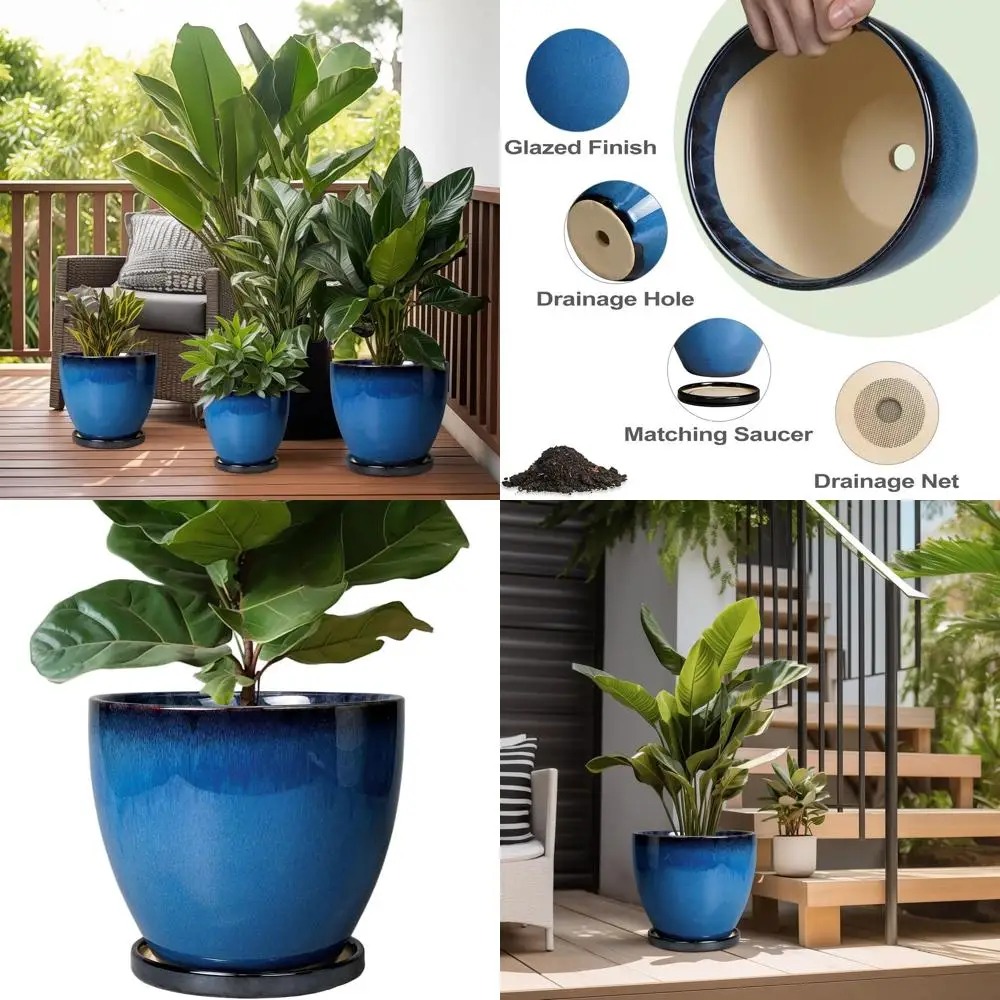 

10 Inch Modern Blue Ceramic Planter with Drainage Hole and Saucer for Indoor & Outdoor Use