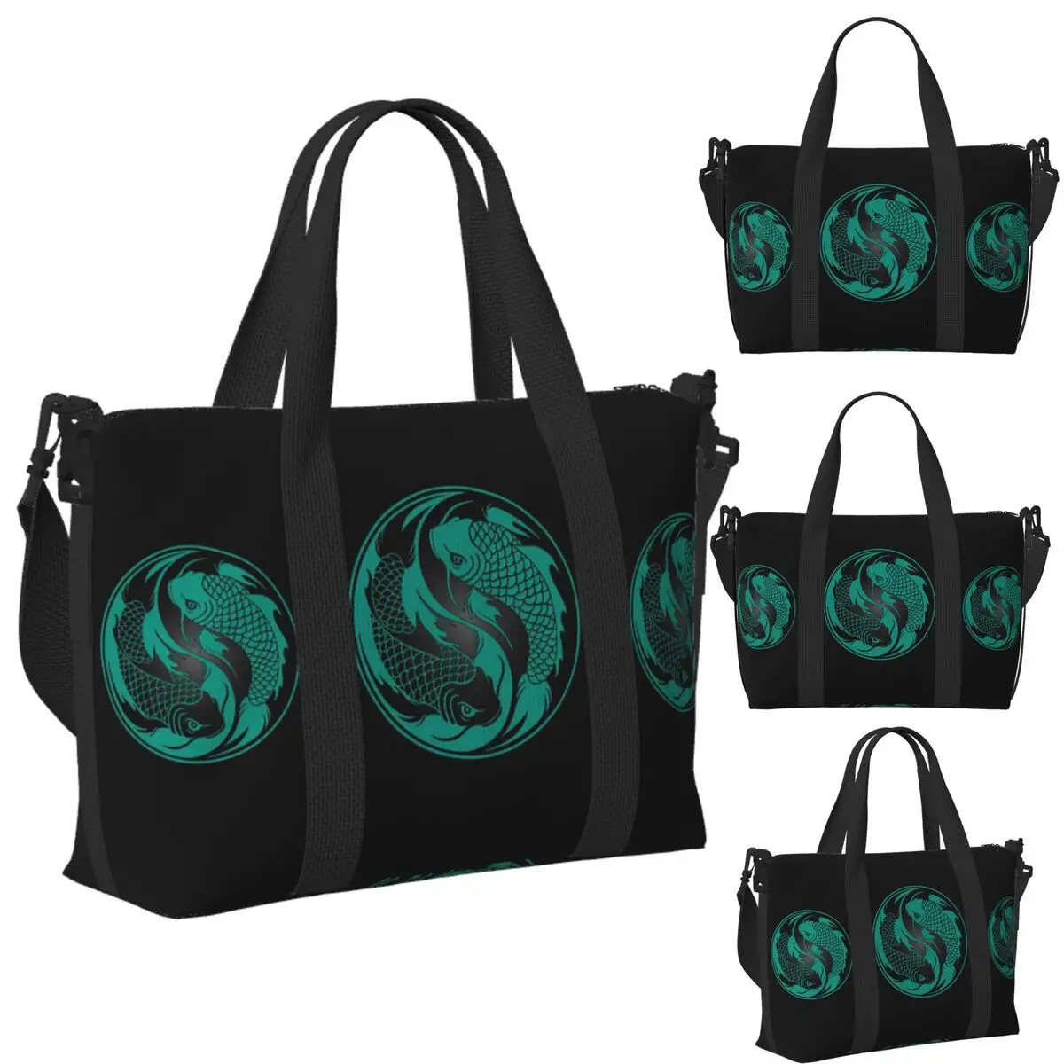 

Teal Blue And Black Yin Yang Koi Fish Beach Travel Bag Large Capacity Tote Bags for Gym Yoga Women Shopping Duffle Shoulder Bag