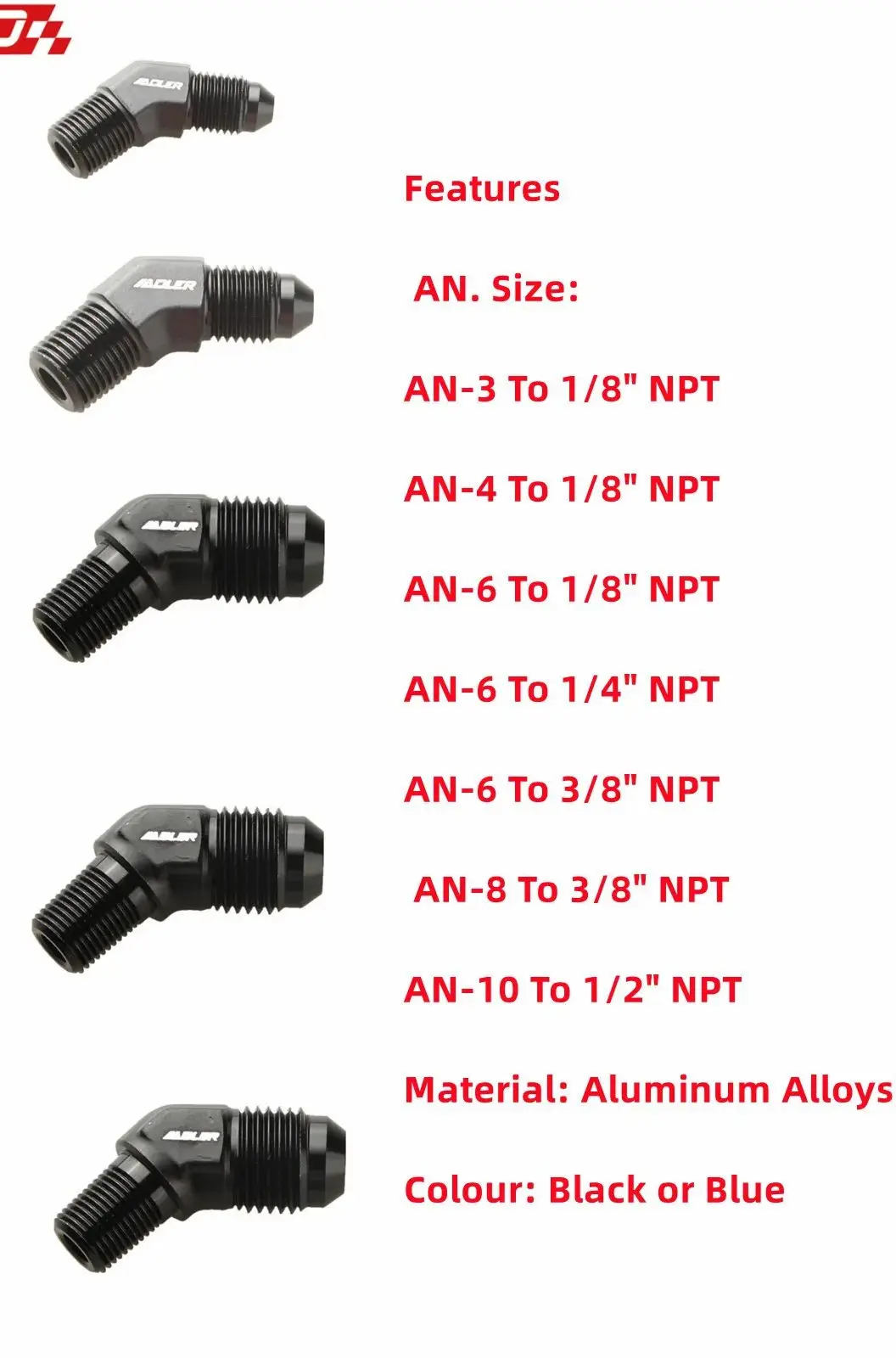 

45 Degree 3AN 4AN 6AN 8AN 10AN AN12 Male To 1/8" 1/4" 3/8" 1/2" NPT Flare Pipe Adapter Fitting