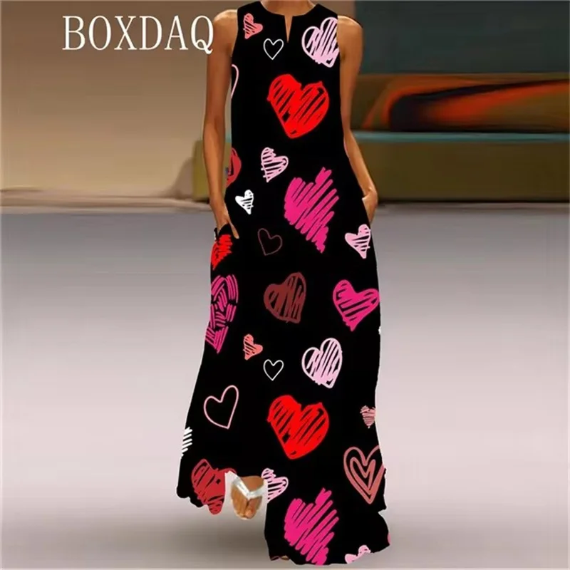 

2025 New Summer Sleeveless Women Dress 3D Gradient Heart Shaped Pattern Printed Long Dress Beach Valentine's Day Party Dress