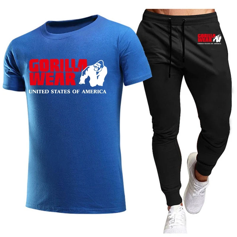 High quality summer new cotton T-shirt men\'s sports round neck short sleeves + casual sports leggings suit Gorilla logo set