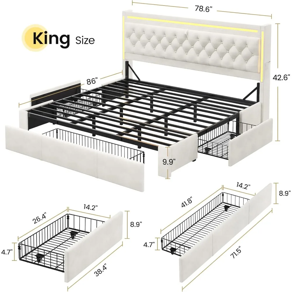 

King Size with 3 Storage Drawers, Hidden Storage Headboard with Charging Station, Velvet Button Tufted