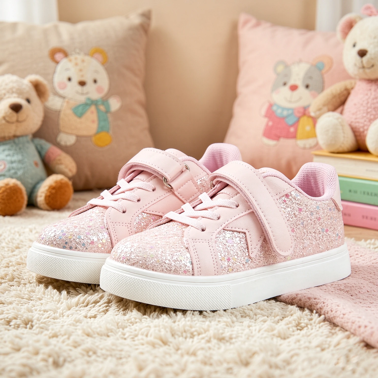 A Pair of Shiny Pink Fashionable Velcro Sneakers for Boys and Girls