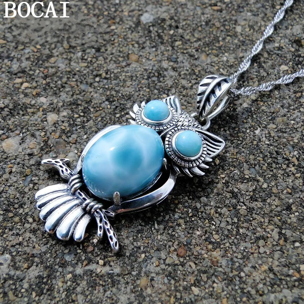 

Новый модный кулон BOCAI из чистого серебра S925 с натуральным доминиканским морским камнем/камнем Ла-Лима в форме милой совы для женщин